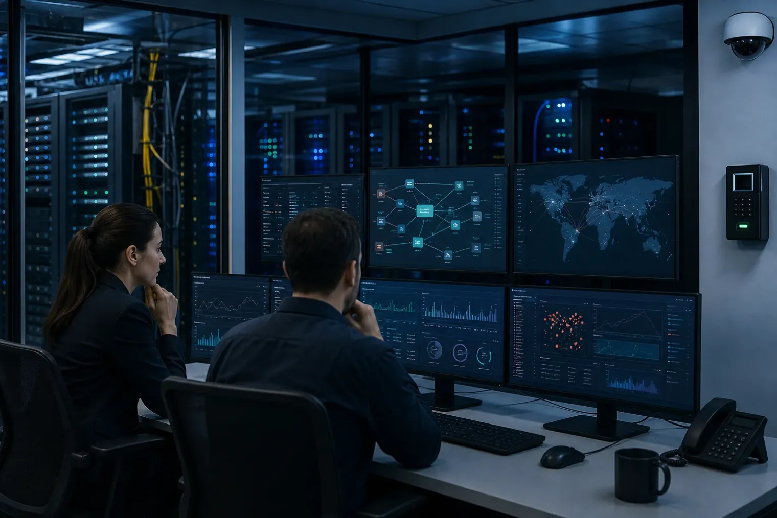 A secure data-centre operations room showing isolated server racks, network segmentation displays and security analysts reviewing alerts.