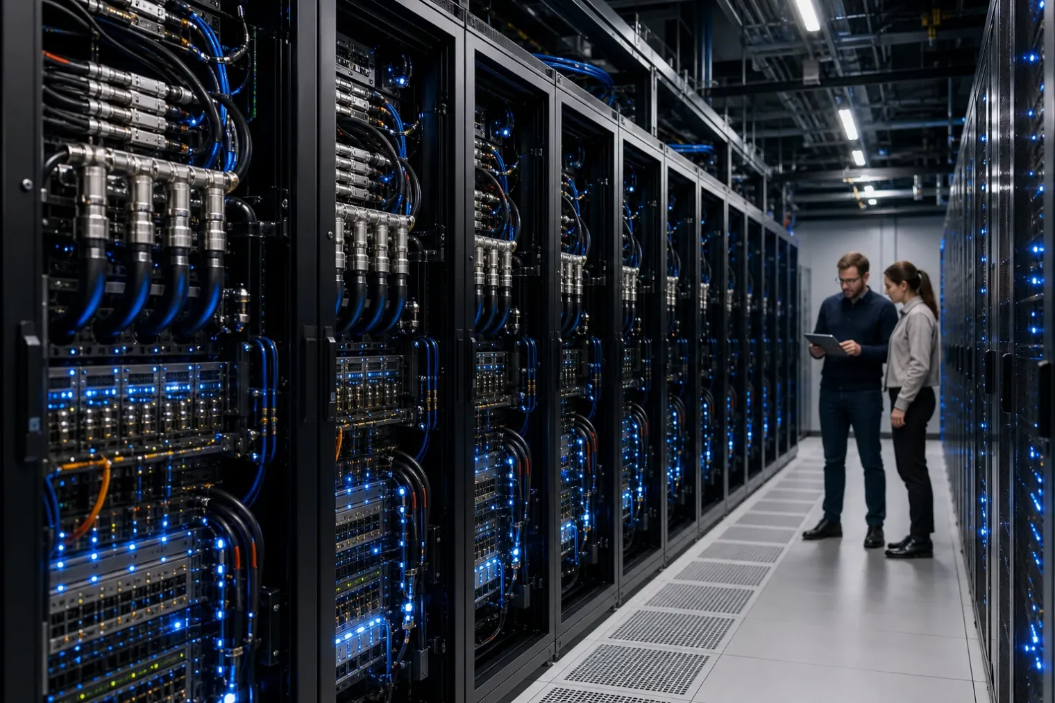 A modern AI data centre with rows of liquid-cooled computing racks and engineers monitoring the infrastructure.