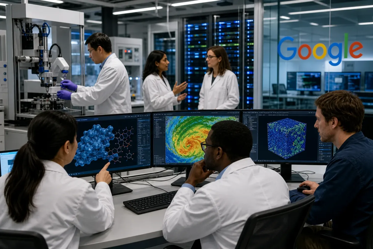 Scientists work at computer stations in a U.S. national laboratory, with cloud computing visualisations and the Google logo visible on a wall display.