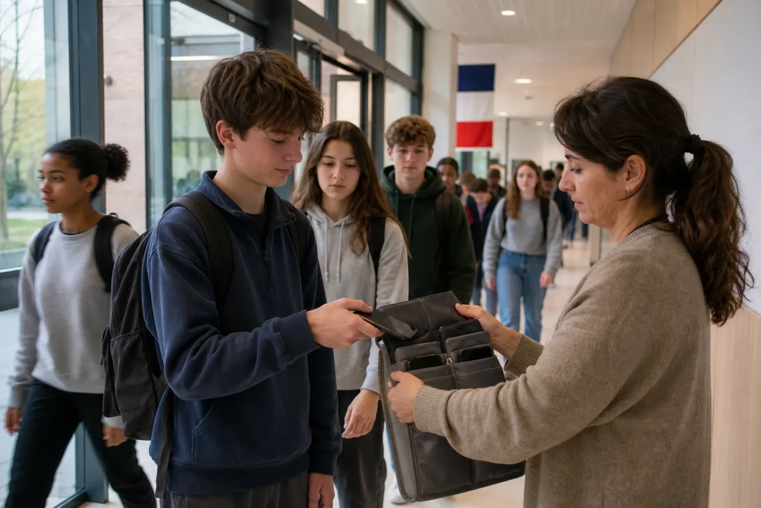 French secondary-school students walking through a school corridor with smartphones placed in a secure storage pouch beside a noticeboard.