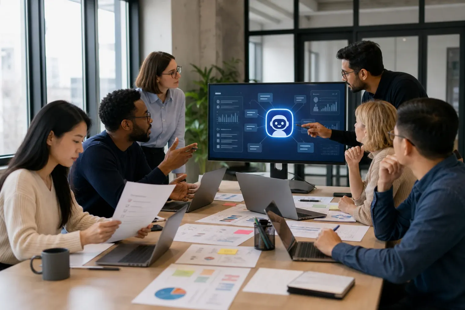 Employees from different business functions collaborate around a table with laptops, workflow diagrams and an AI assistant interface on a monitor.
