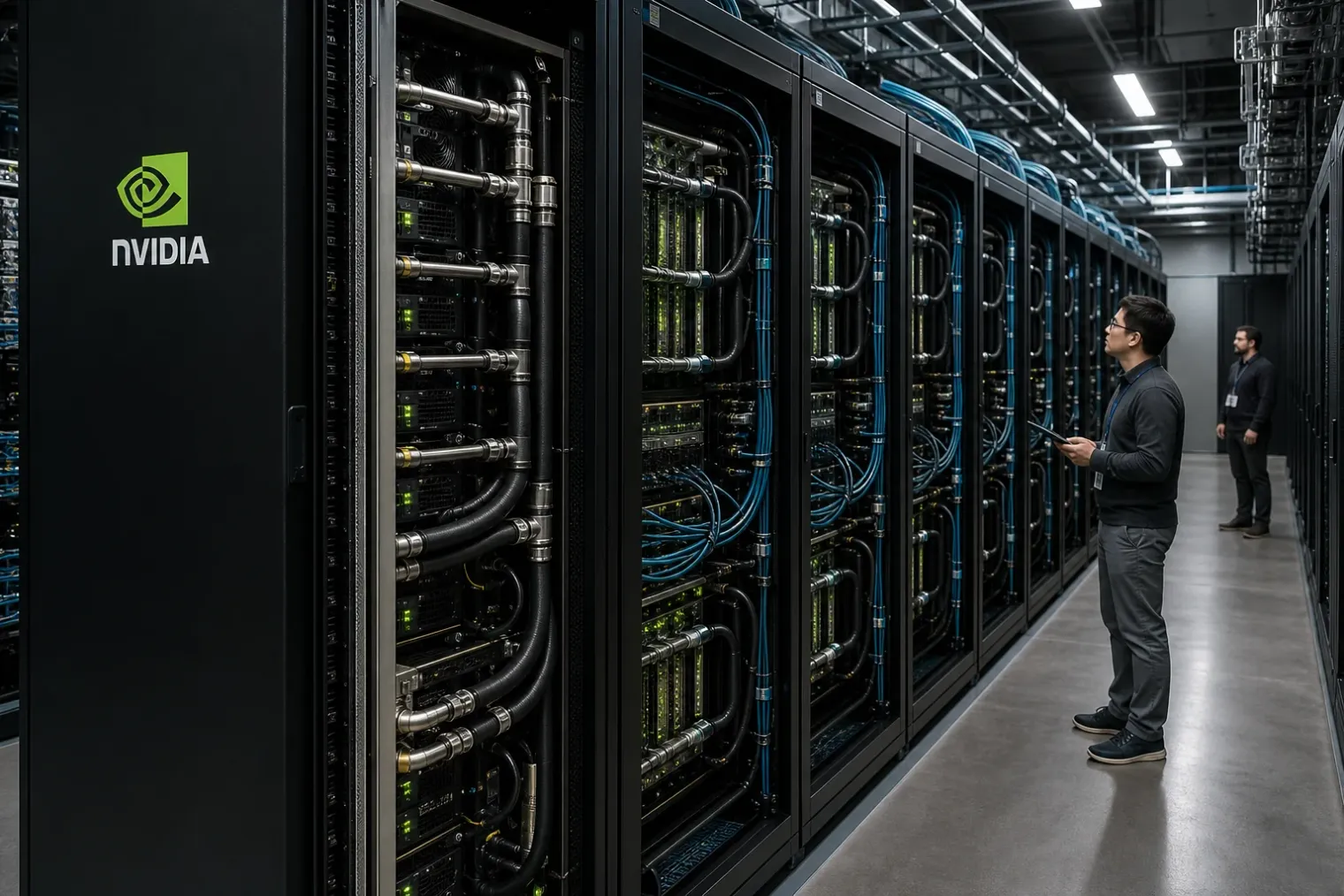 Liquid-cooled NVIDIA Vera Rubin server racks in a modern data centre with the NVIDIA logo displayed on a rack panel.