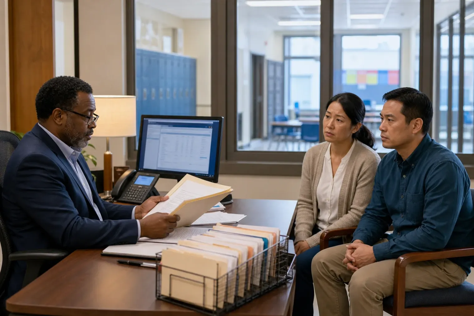 A school administrator reviewing student-record files in a public school office while parents wait nearby.