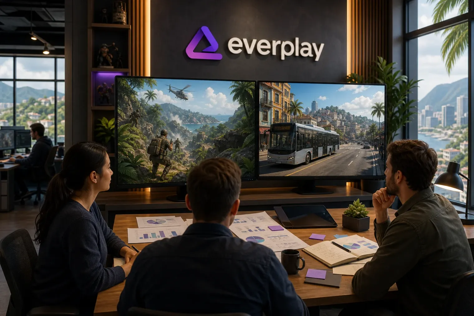 Editorial composite showing a game publisher studio environment with a jungle battlefield game scene and a modern city bus simulation scene.