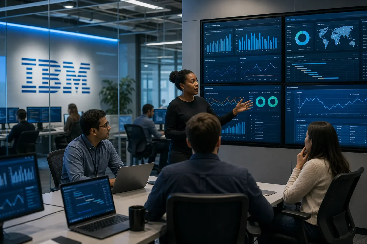 IBM employees reviewing AI-driven operational dashboards in a modern office, with the IBM logo displayed on a glass wall.