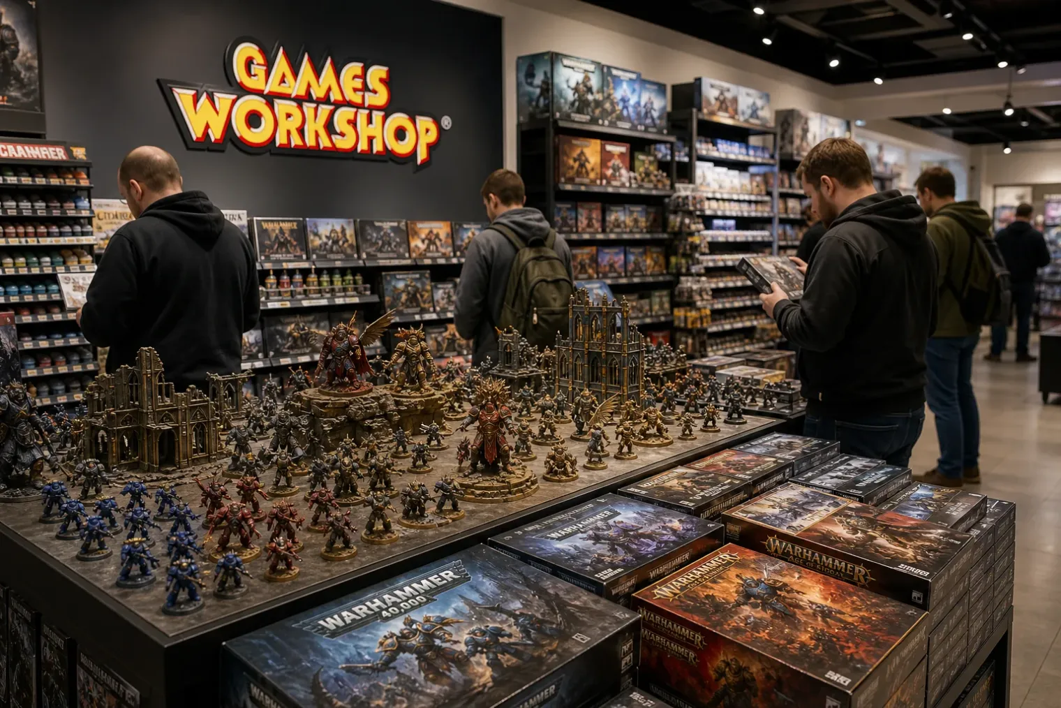 A Games Workshop store interior with painted Warhammer miniatures, hobby paint pots, boxed tabletop products and the Games Workshop logo on a wall display.