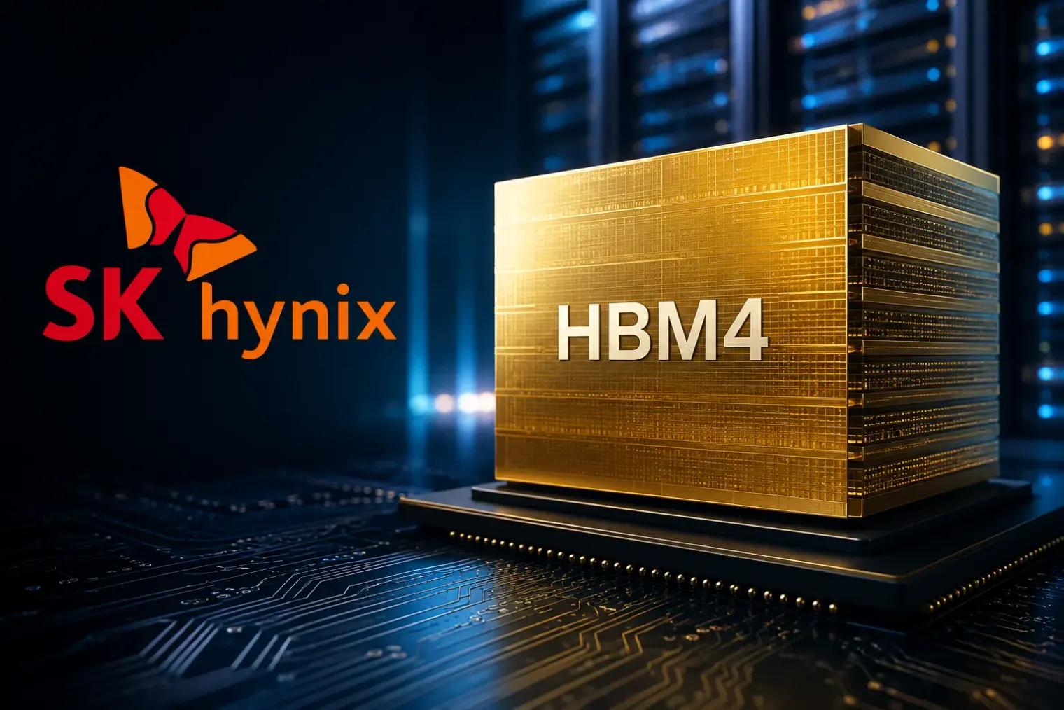 An advanced memory chip package on a semiconductor production line, with SK hynix branding visible in the background.