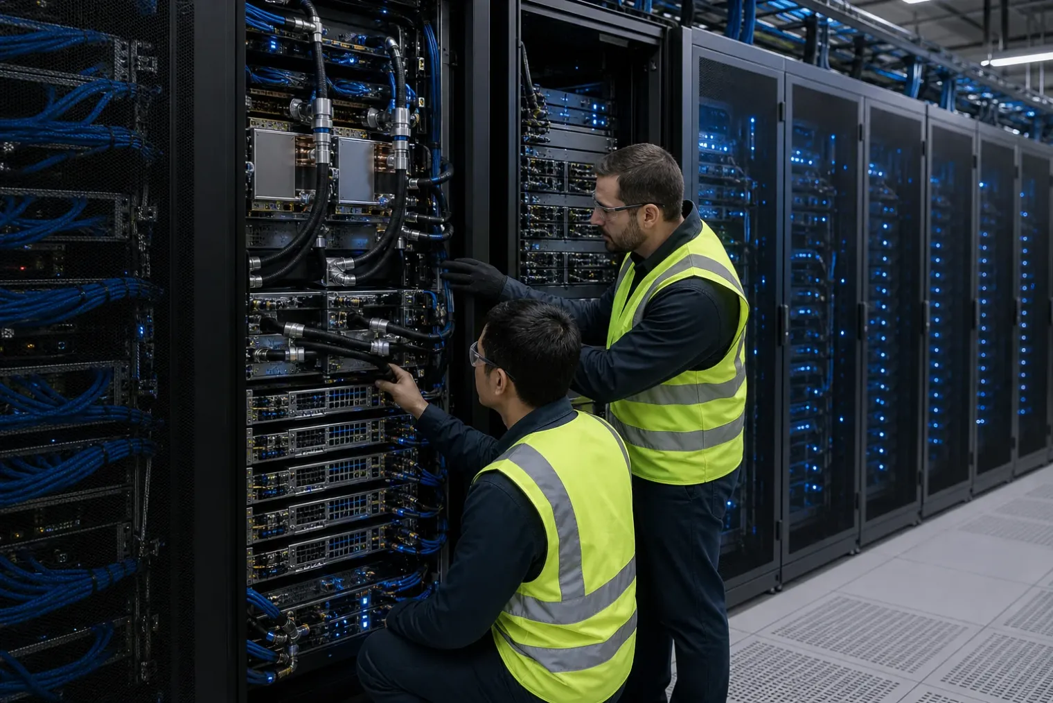 Liquid-cooled AI server racks in a Microsoft Azure data centre with AMD accelerator and CPU trays, network cabling and technicians inspecting the equipment.