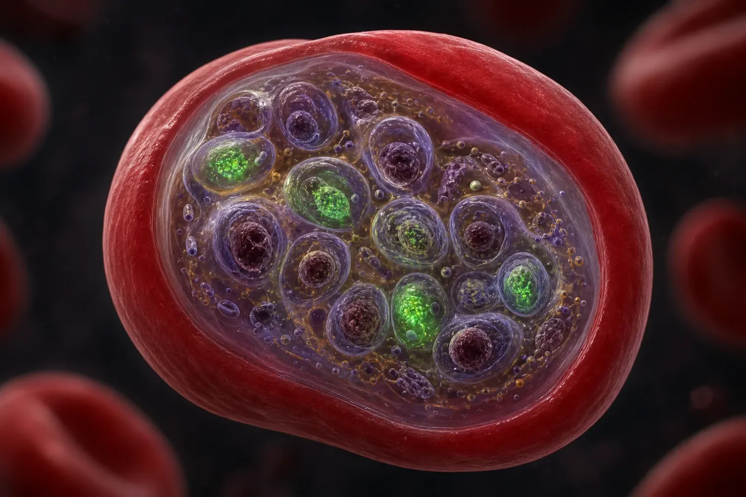 Illustration of Plasmodium falciparum nuclei at different stages of DNA replication inside a human red blood cell.