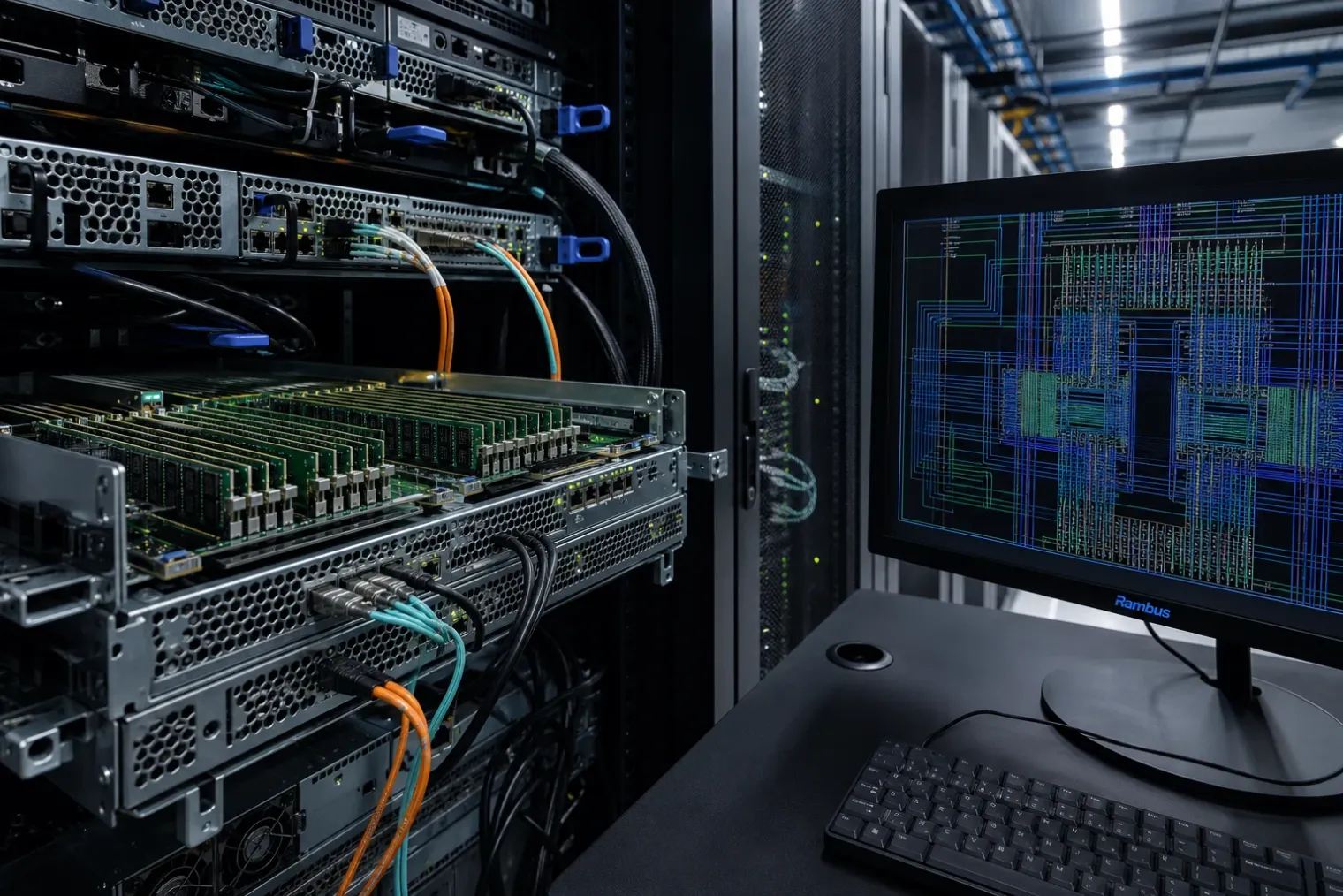 A data-centre server rack with memory modules and high-speed interconnect traces, alongside a Rambus-branded engineering display.