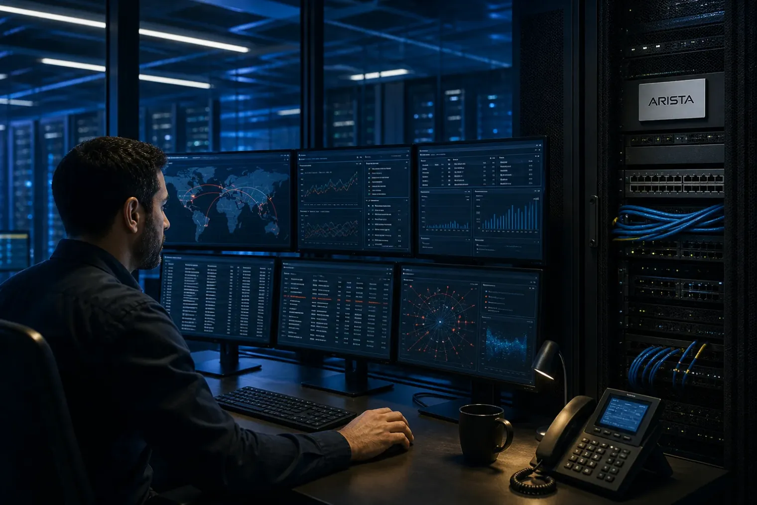 Security operations analyst reviewing alerts beside an on-premises SD-WAN orchestration server in a data centre, with the Arista logo visible.