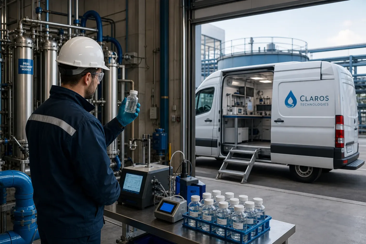 A Claros Technologies engineer in a protective industrial laboratory beside a mobile PFAS water-testing unit and treatment equipment.