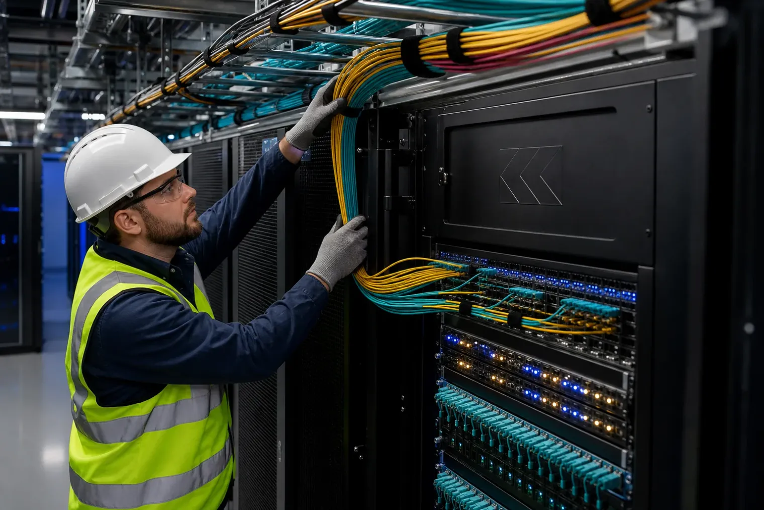 A technician installs high-density fibre-optic cabling in an AI data centre aisle beside server racks and network switches, with the Corning logo on equipment.