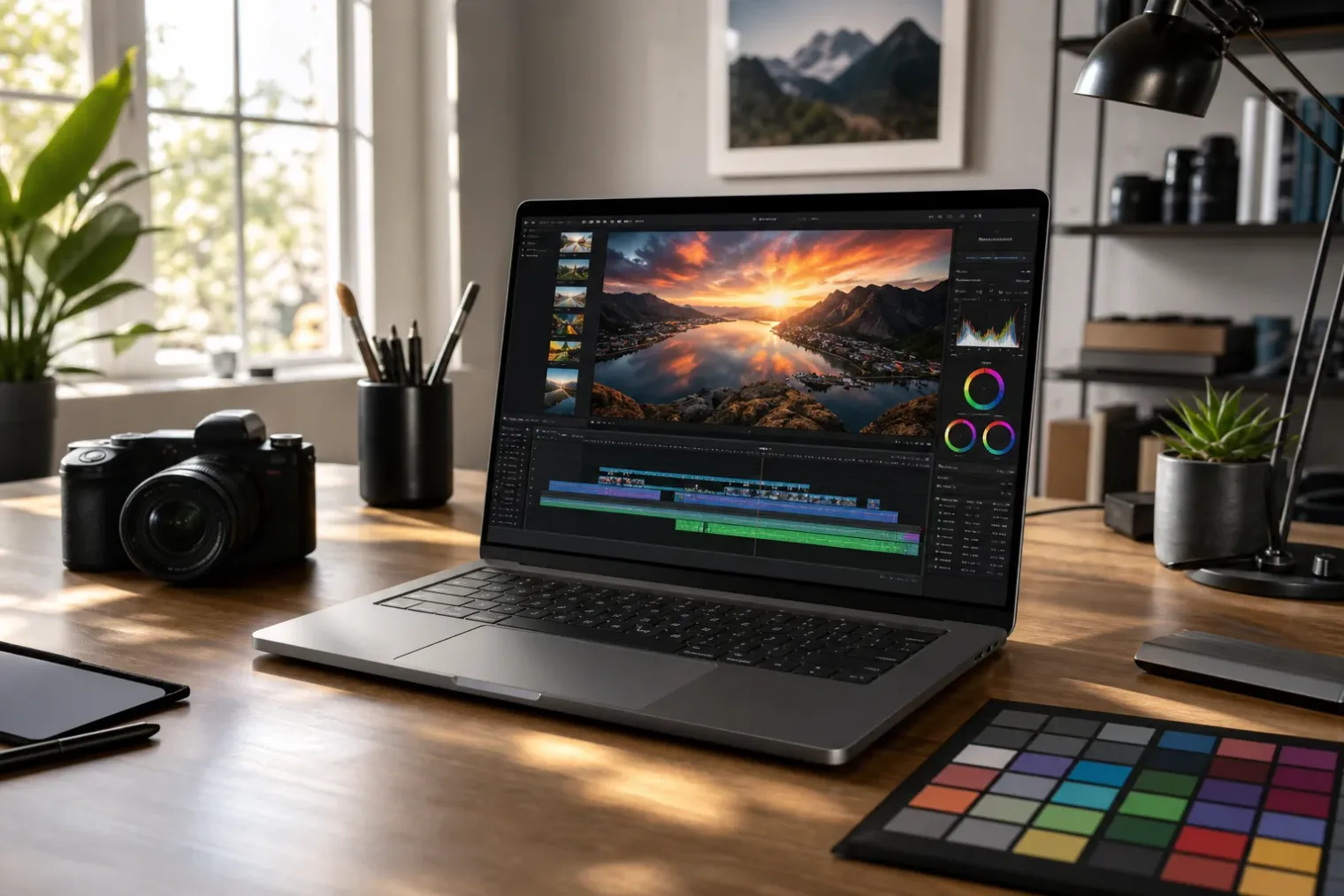 A premium laptop with a bright OLED display showing an HDR video-editing scene in a sunlit studio workspace.