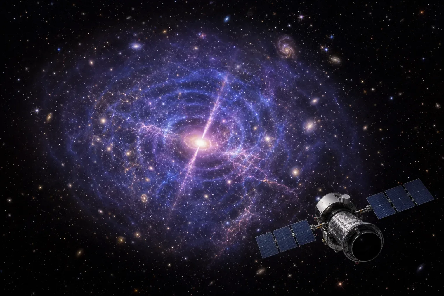 Editorial illustration of a bright central quasar disturbing glowing hot gas in a galaxy cluster, with an orbiting X-ray observatory observing the system.