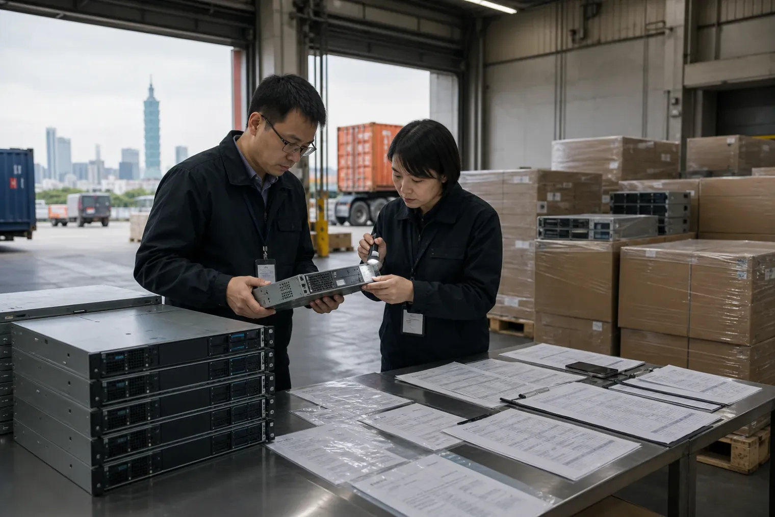 Investigators examining boxed rack servers and export documents in a Taiwanese freight warehouse.