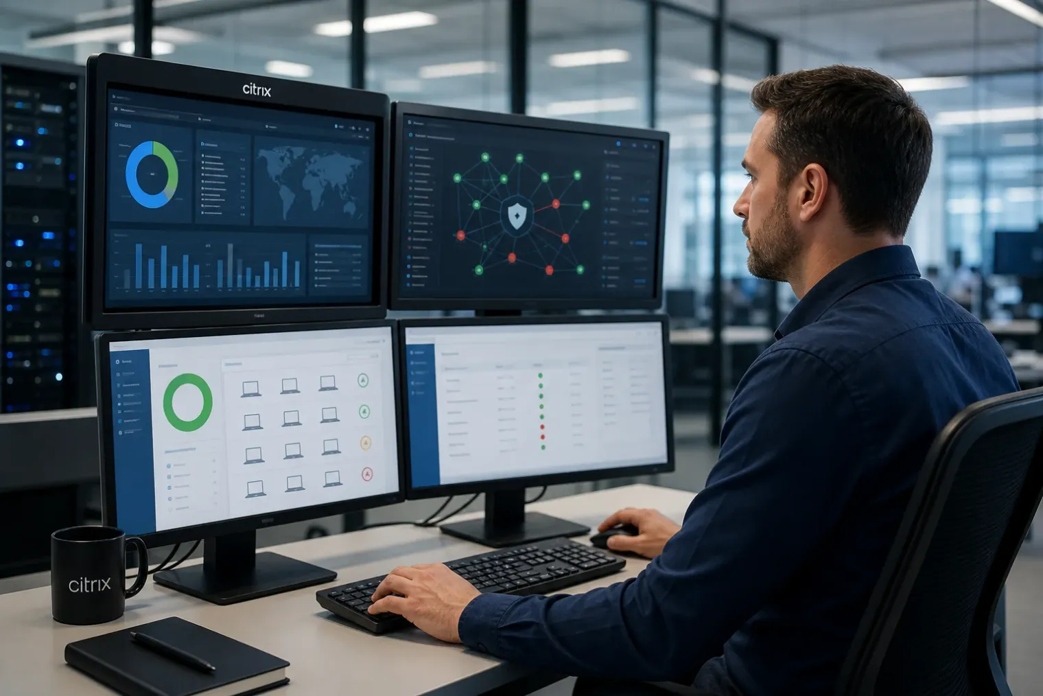 An IT administrator monitors Windows endpoint updates on a laptop and security dashboard, with the Citrix logo visible in the office.