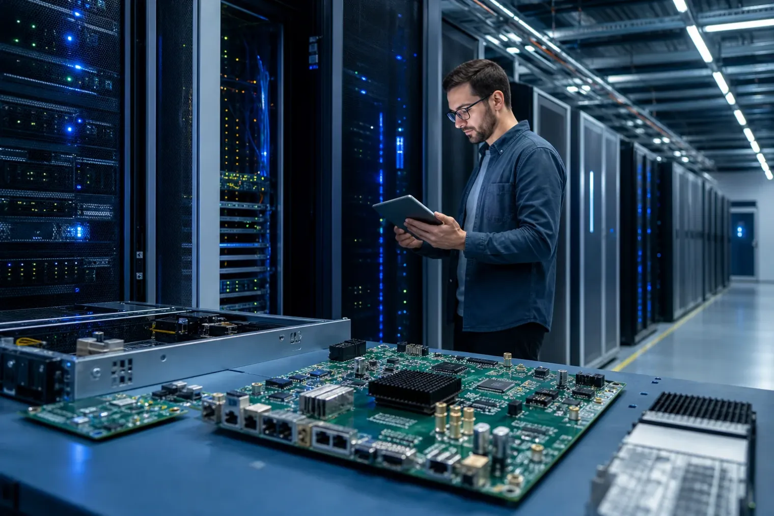 A modern data-centre aisle with server racks, a close-up programmable circuit board and an engineer inspecting management hardware.