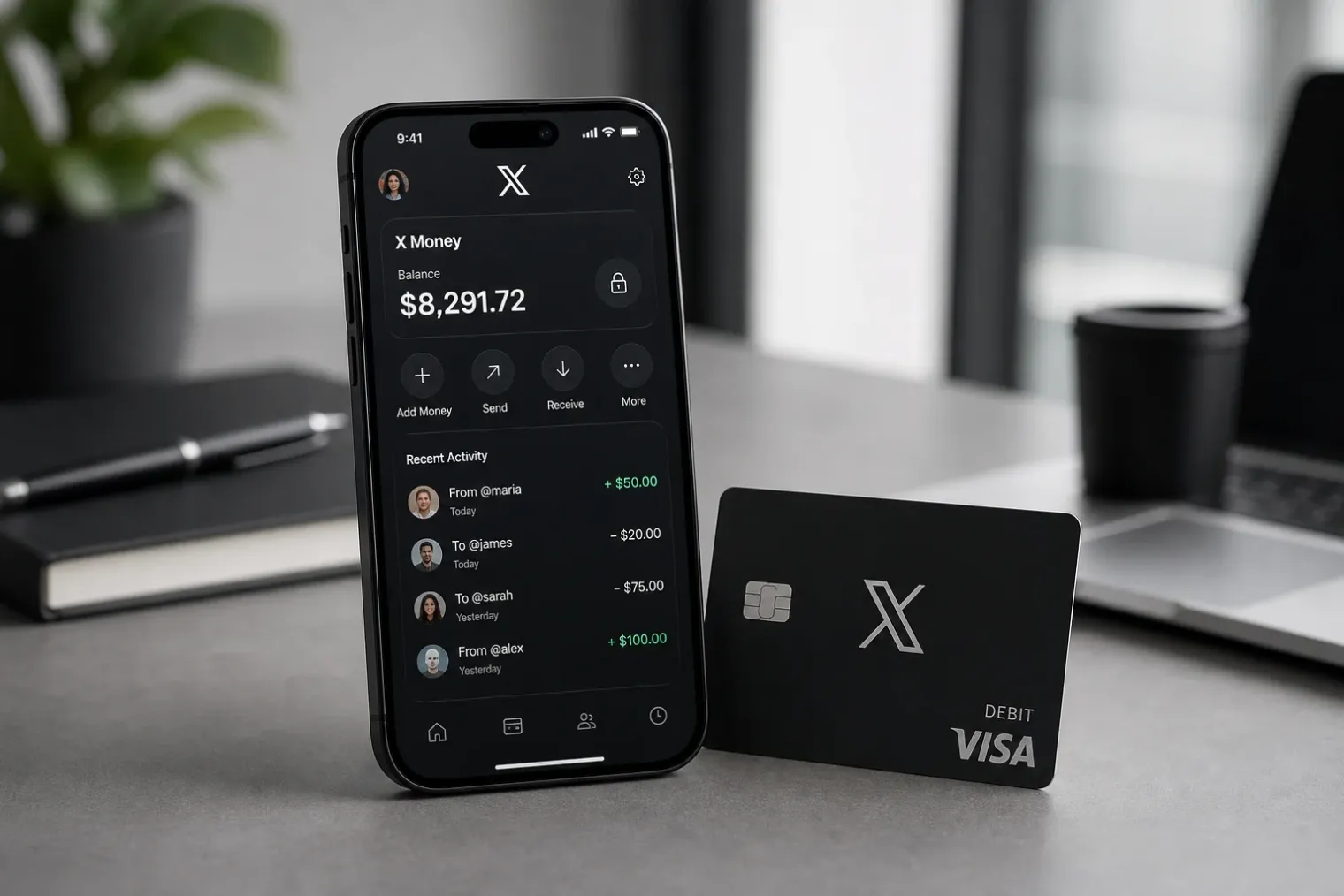 A smartphone showing the X Money financial interface beside an X-branded Visa debit card on a desk, with the X logo visible.