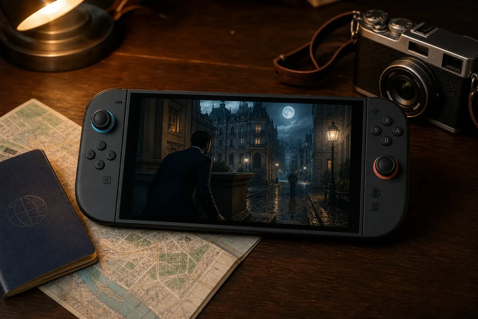 A Nintendo Switch 2 handheld displays a fictional espionage action scene beside a desk with a passport, map and compact camera.