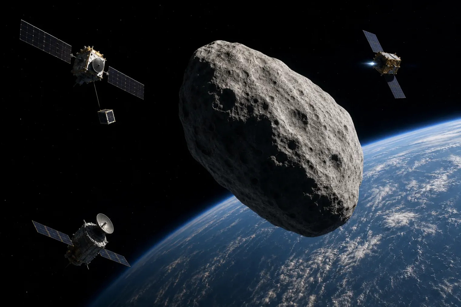 Illustration of asteroid Apophis near Earth with three scientific spacecraft observing it during a close flyby.