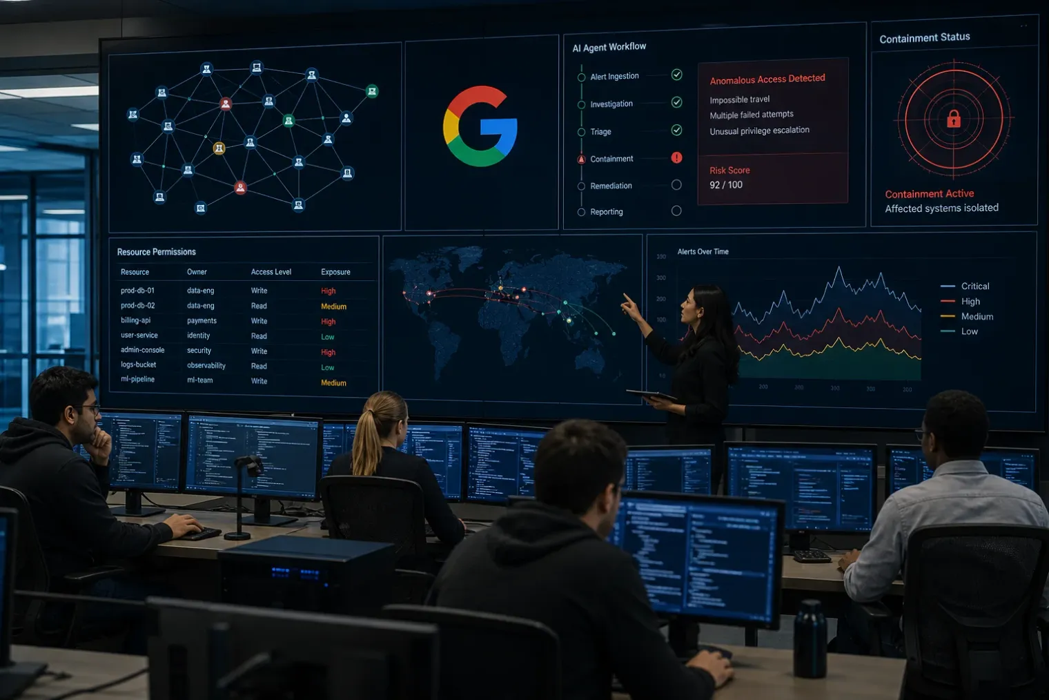 A security operations team monitors a large enterprise access-control dashboard showing user and AI-agent activity, with the Google logo visible on a screen.