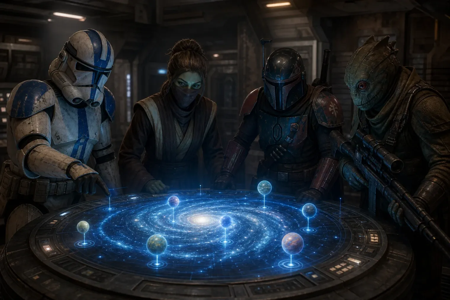 A tactical Star Wars squad studies a glowing holographic galaxy map inside a spacecraft command room.