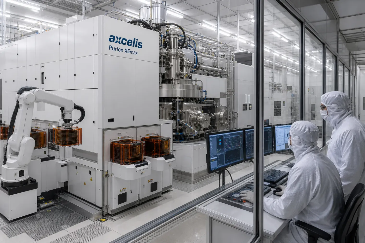 An Axcelis Purion XEmax ion implantation system in a clean semiconductor fabrication facility beside wafer-handling equipment.