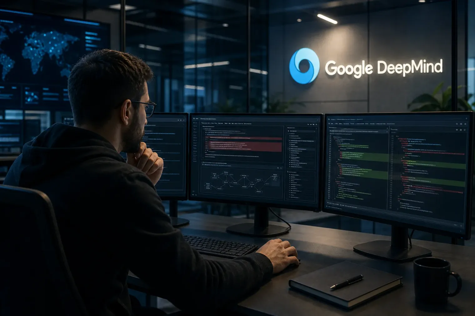 A cybersecurity engineer reviews a vulnerability report and code patch on multiple monitors in a secure operations centre, with the Google DeepMind logo visible on a wall display.