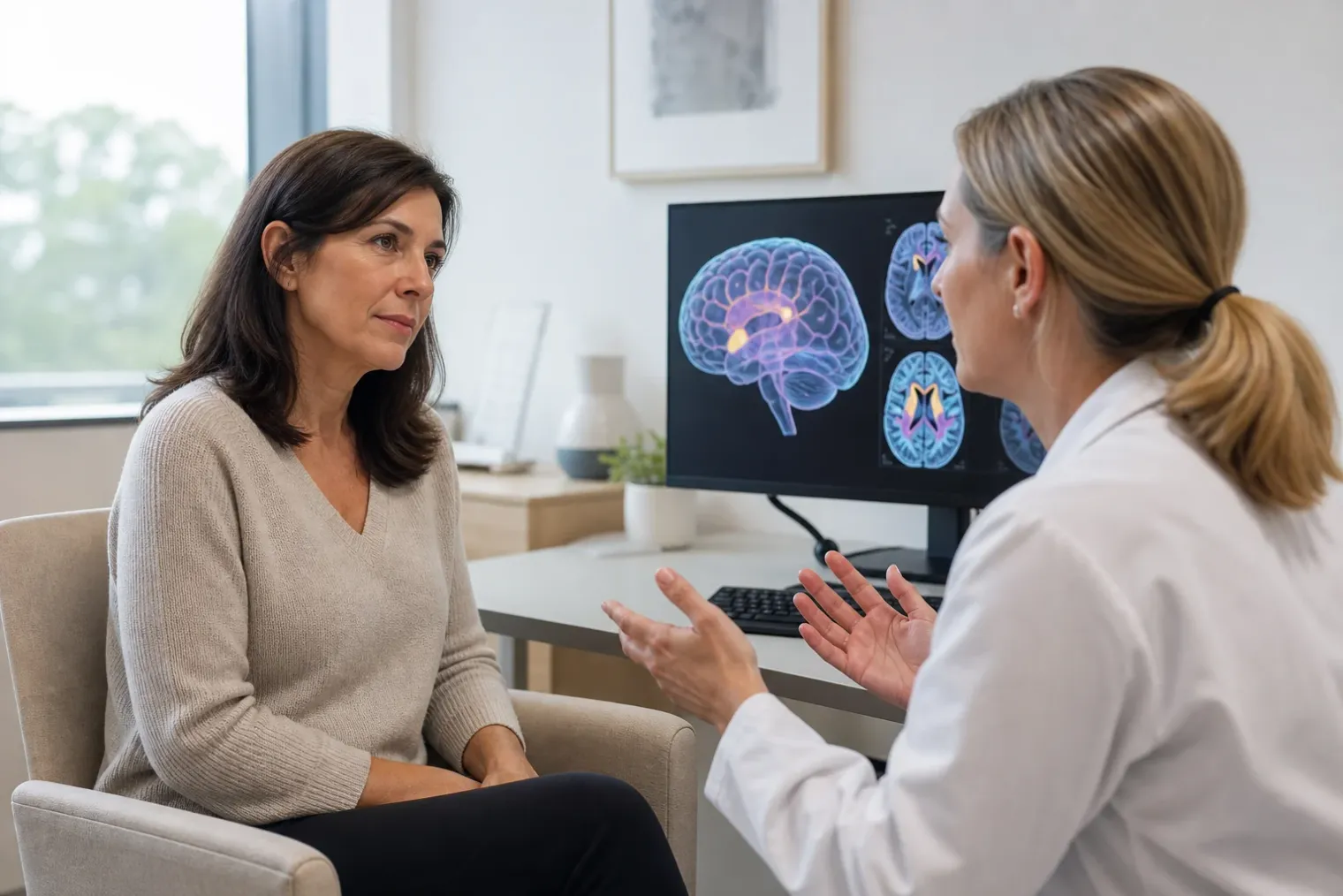 A midlife woman speaking with a clinician beside a brain scan displayed on a consultation-room monitor.