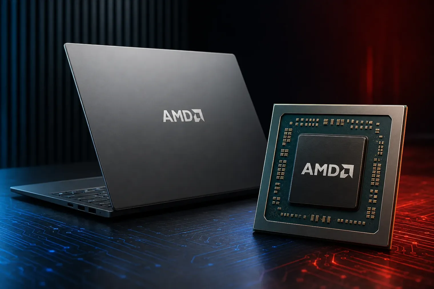 A thin AMD laptop on a desk beside a close-up illustration of a mobile processor, with the AMD logo visible on the laptop lid.