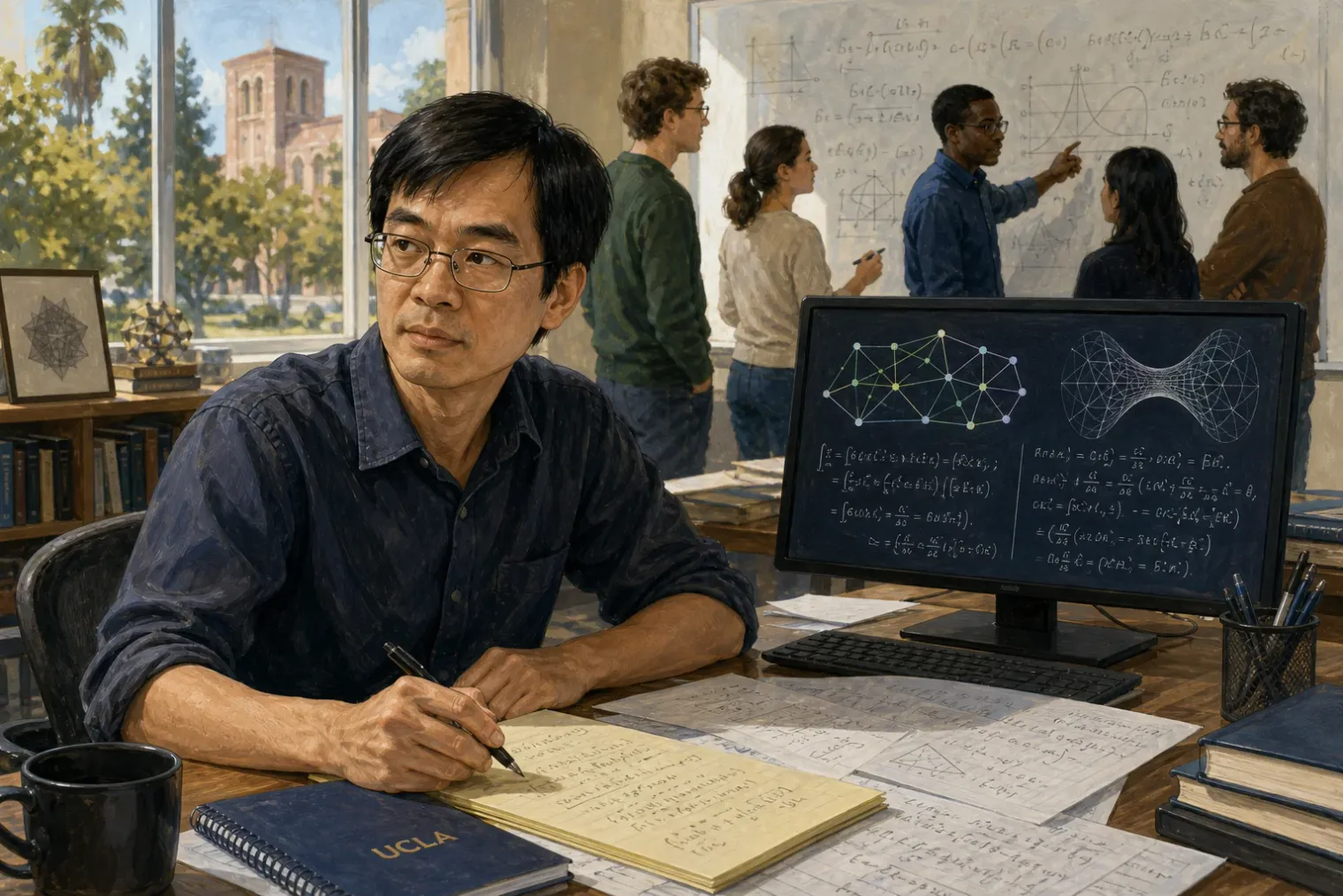 Terence Tao working at a desk with handwritten mathematical notes, a computer showing abstract proof diagrams and researchers collaborating in the background.