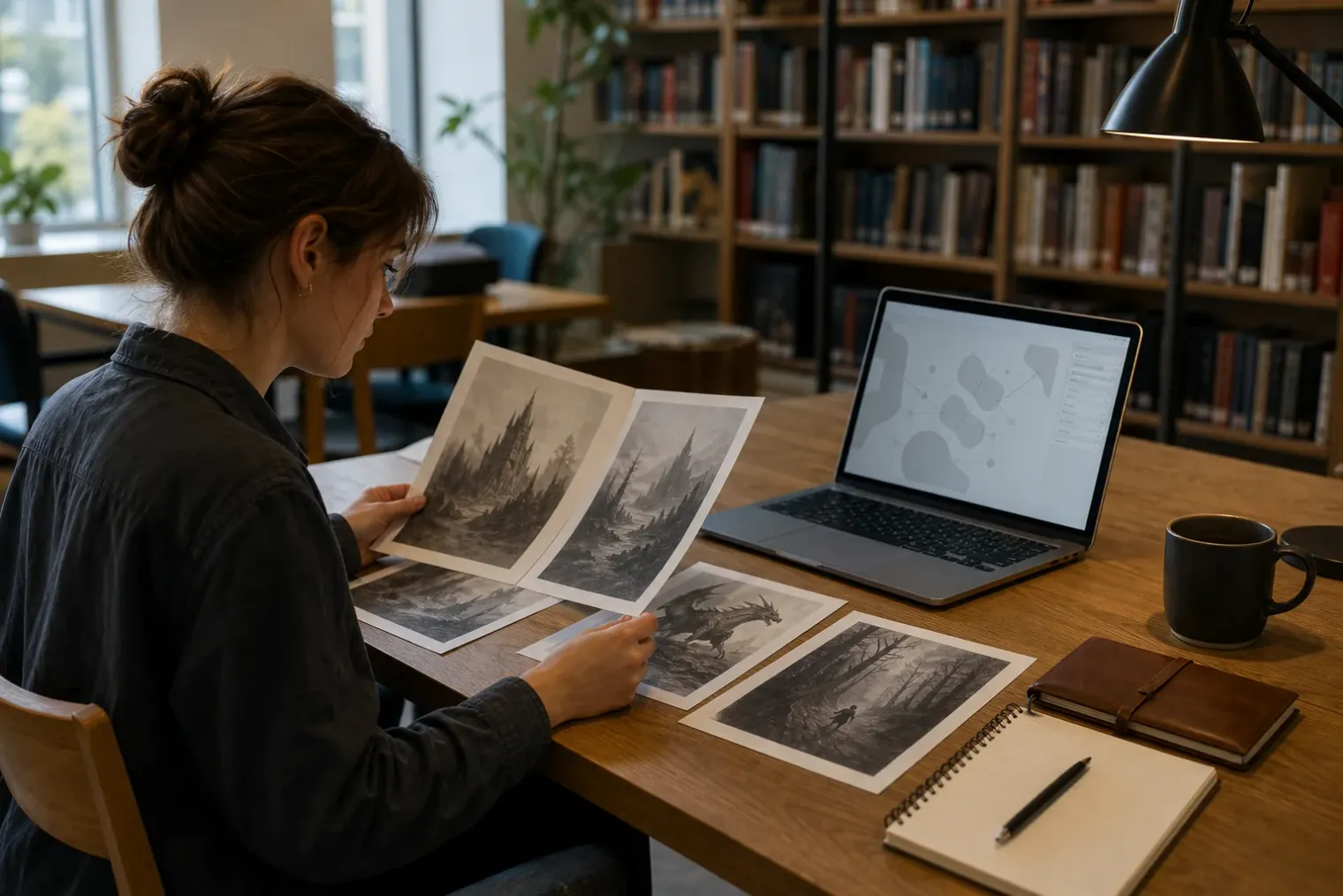 A reader compares printed fantasy story pages beside a laptop displaying an abstract AI writing interface in a quiet library.