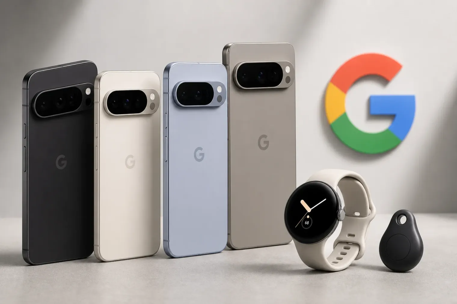 Google Pixel 11 phones, a Pixel Watch 5 and a Pixel Tag arranged on a clean studio surface beside the Google logo.