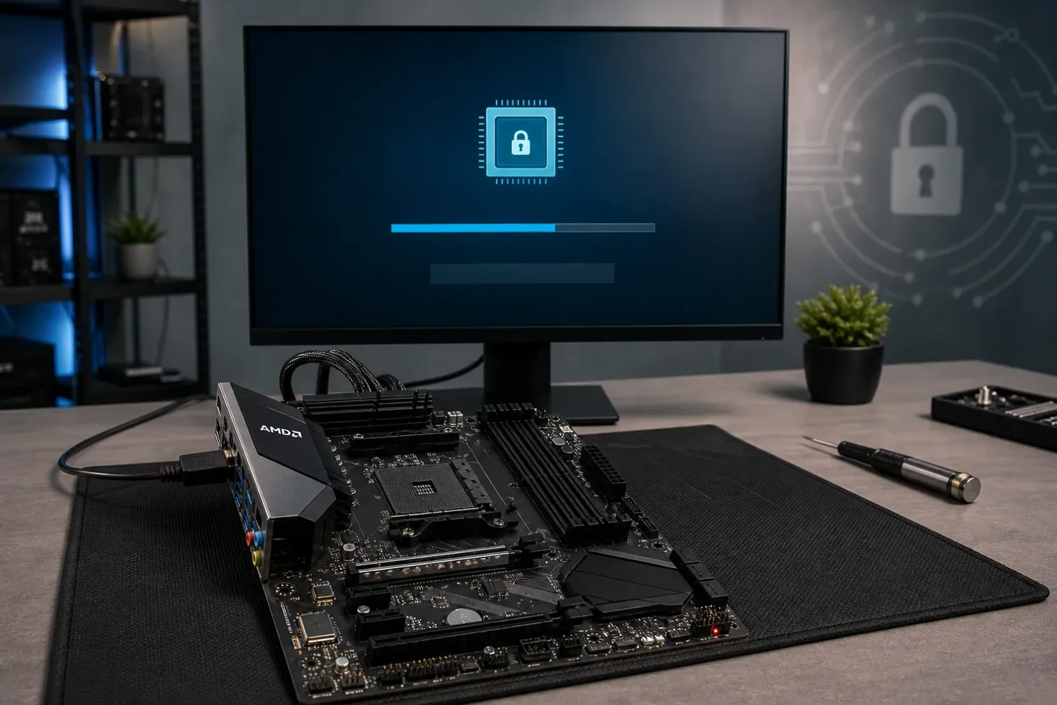 An AMD-branded desktop motherboard being updated through a BIOS utility on a monitor in a security-focused workspace.