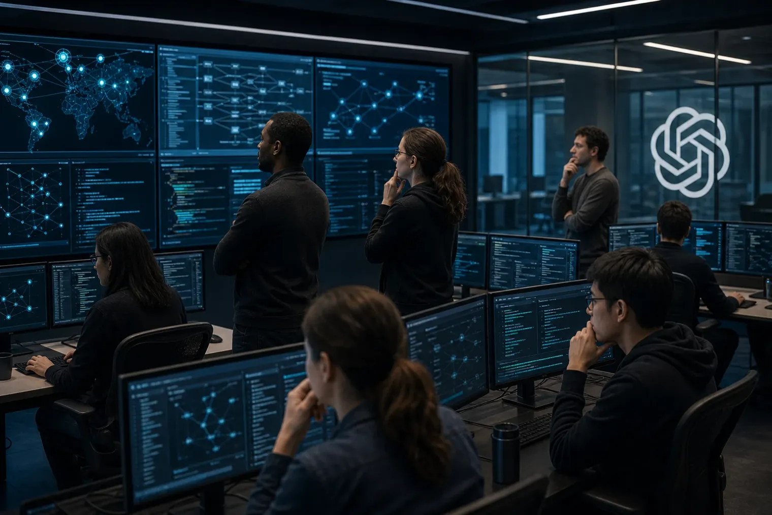 An OpenAI research facility control room where engineers monitor autonomous AI agent activity on secure screens beside the OpenAI logo.