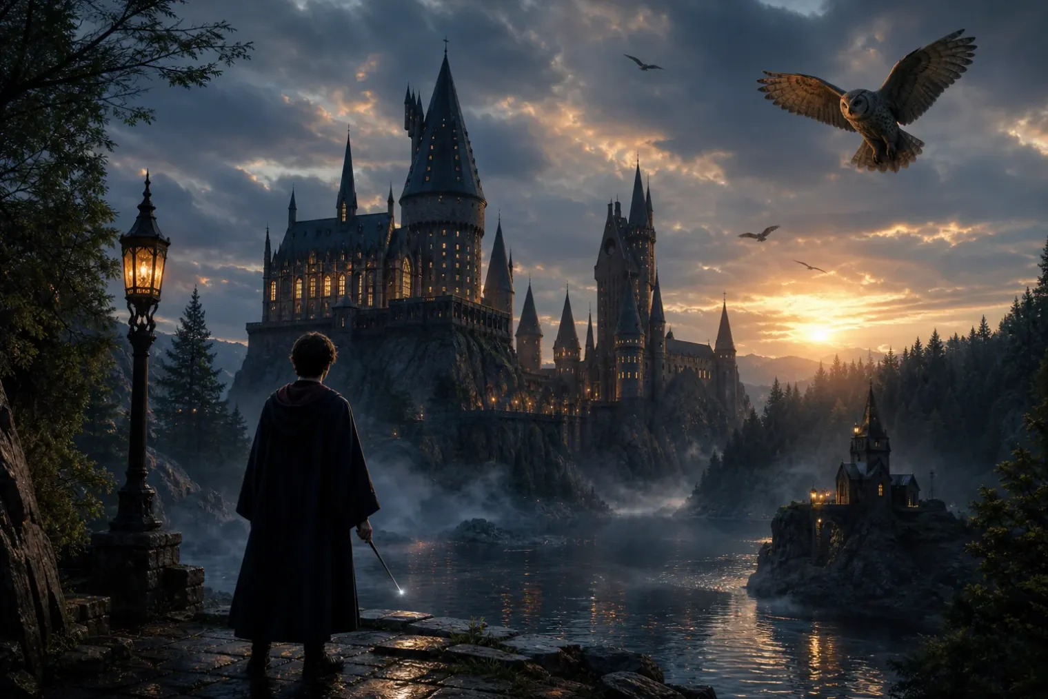 A moonlit view of Hogwarts Castle above a misty lake, with a student wizard standing on a stone path and holding a wand.