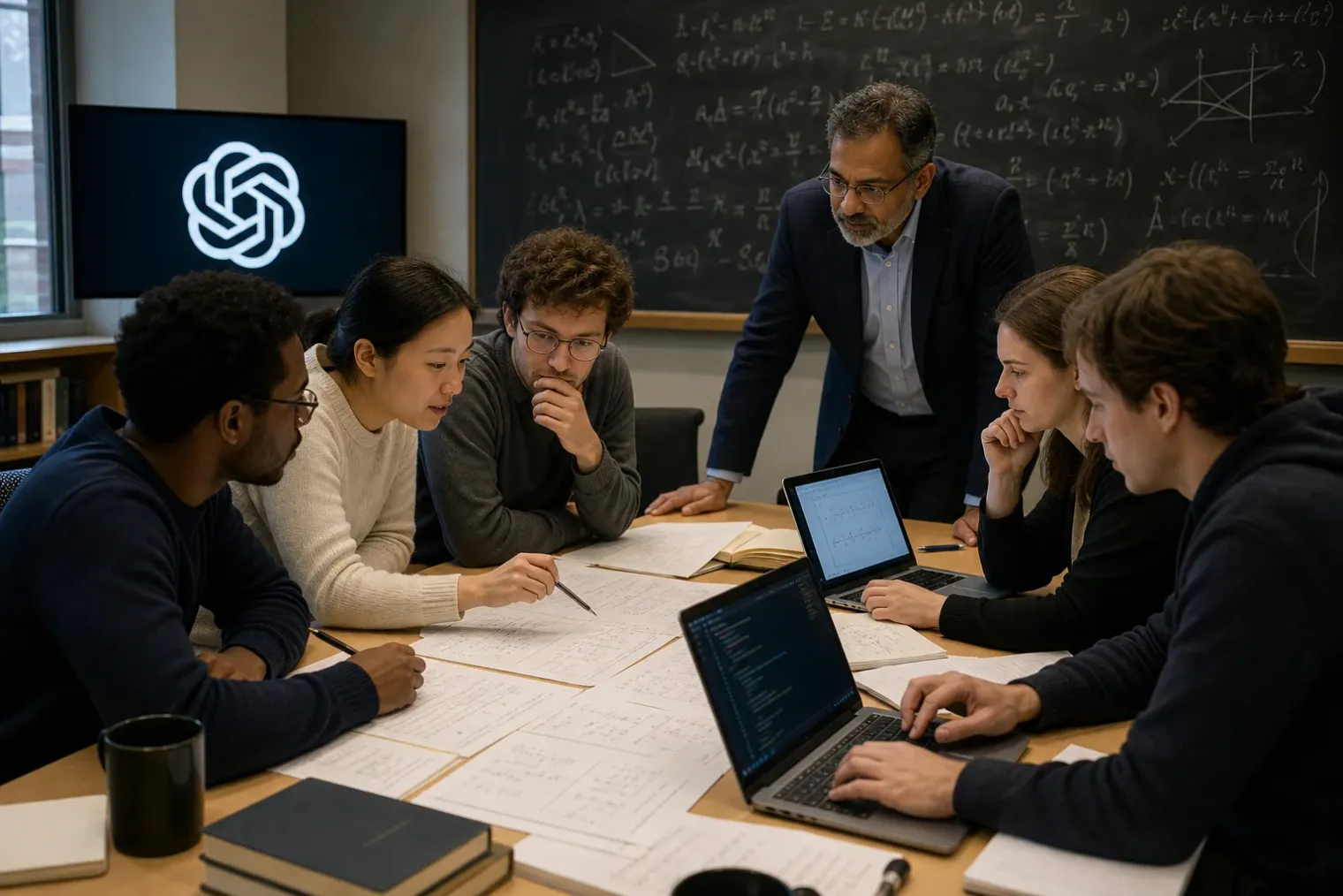 An editorial illustration of mathematicians reviewing dense mathematical proofs on screens and printed pages beside an OpenAI logo.