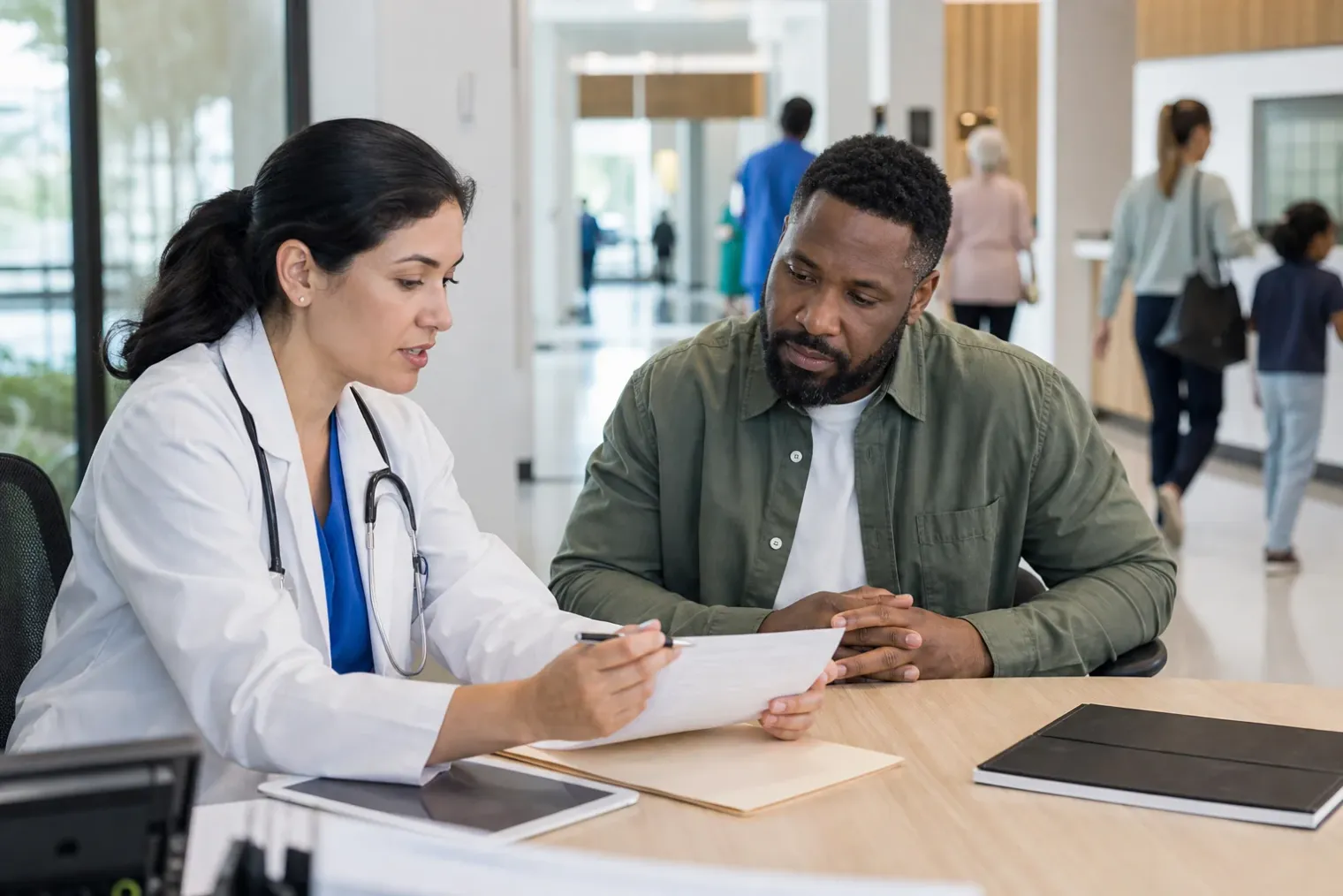 A doctor and patient reviewing medical documents in a US clinic, with insurance paperwork and hospital corridors visible in the background.