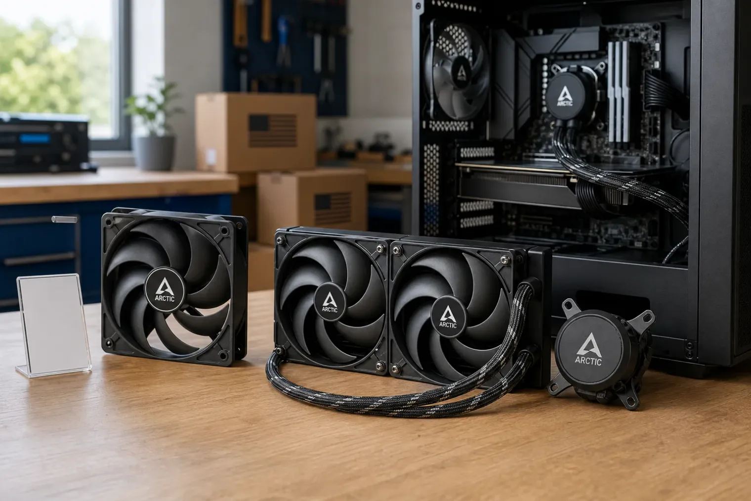 An ARCTIC-branded PC cooling fan and liquid cooler on a workbench beside a partially assembled desktop computer.