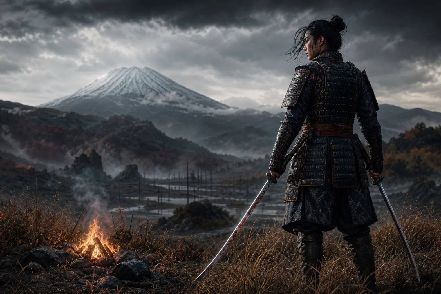A lone warrior in layered Japanese armour stands in a misty Ezo valley at dawn, holding two katana near a campfire.