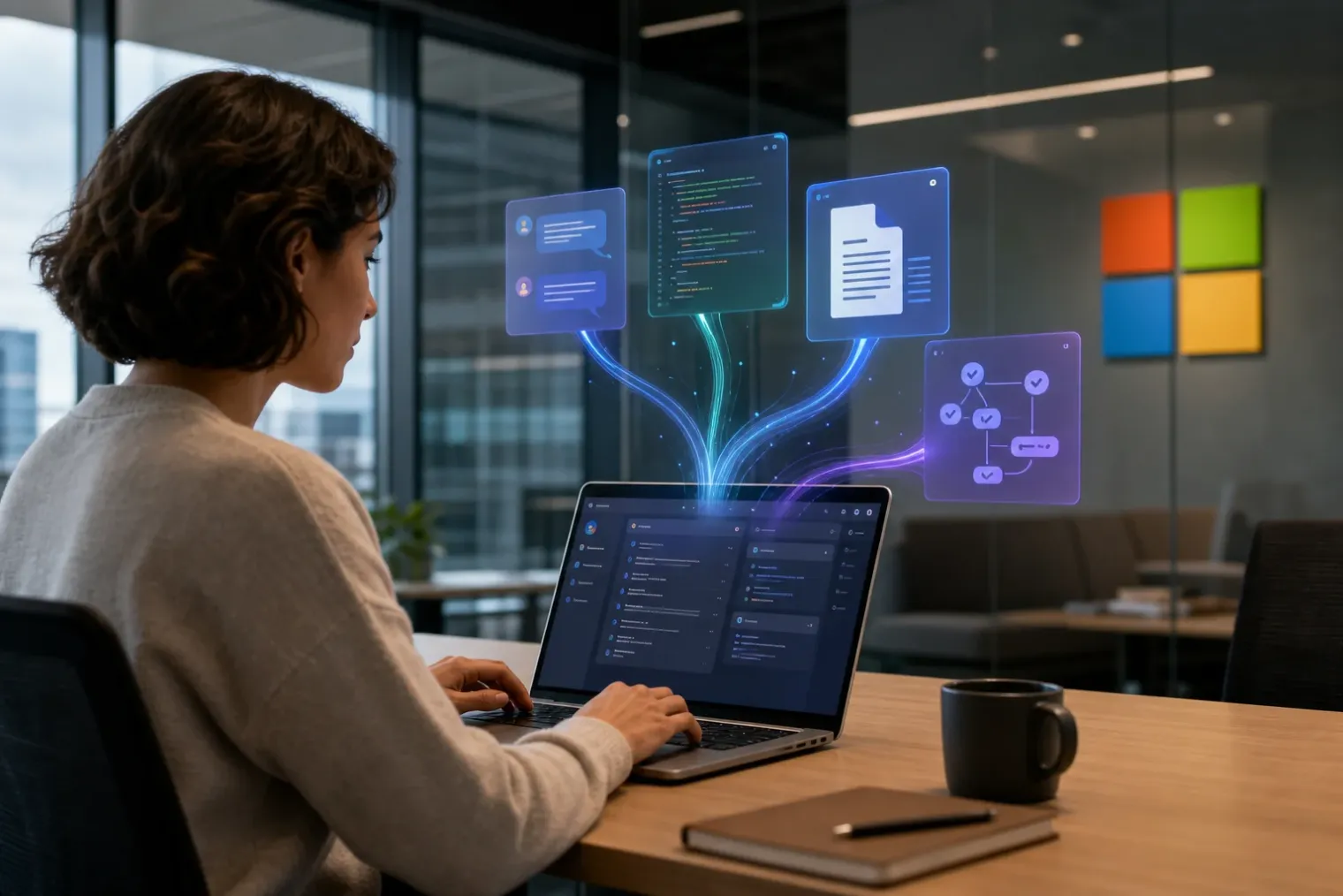 A professional using a laptop with abstract AI workflow visualisations, with the Microsoft logo displayed on a wall in the background.
