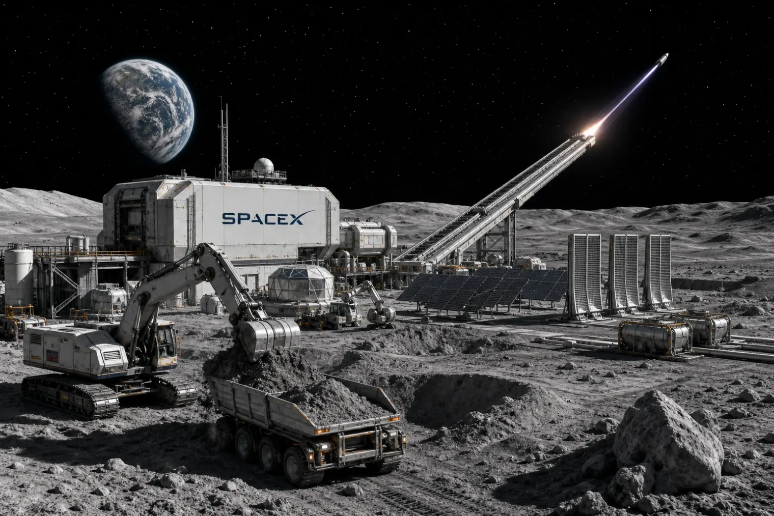 Editorial illustration of a SpaceX lunar industrial base with robotic equipment, solar arrays and a satellite launch track on the Moon.