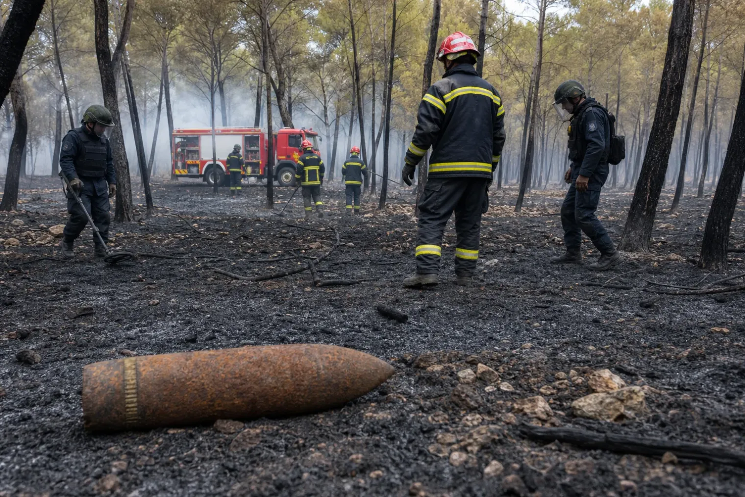 Bomb-disposal specialists and firefighters assess burned pine woodland near a marked unexploded shell in south-western France.