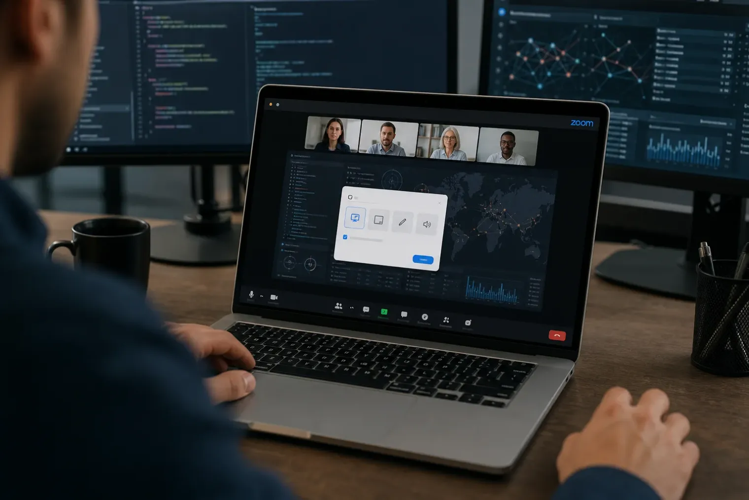 A laptop displaying a video meeting screen-share interface with permission controls, alongside a Zoom logo.