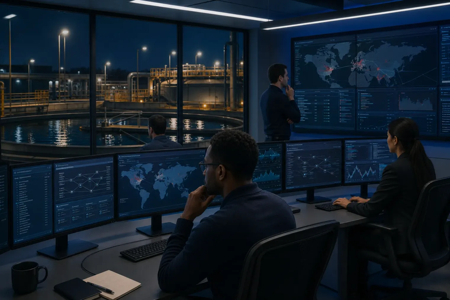 Security analysts monitor network activity in an operations centre while a water treatment facility is visible through a glass wall.