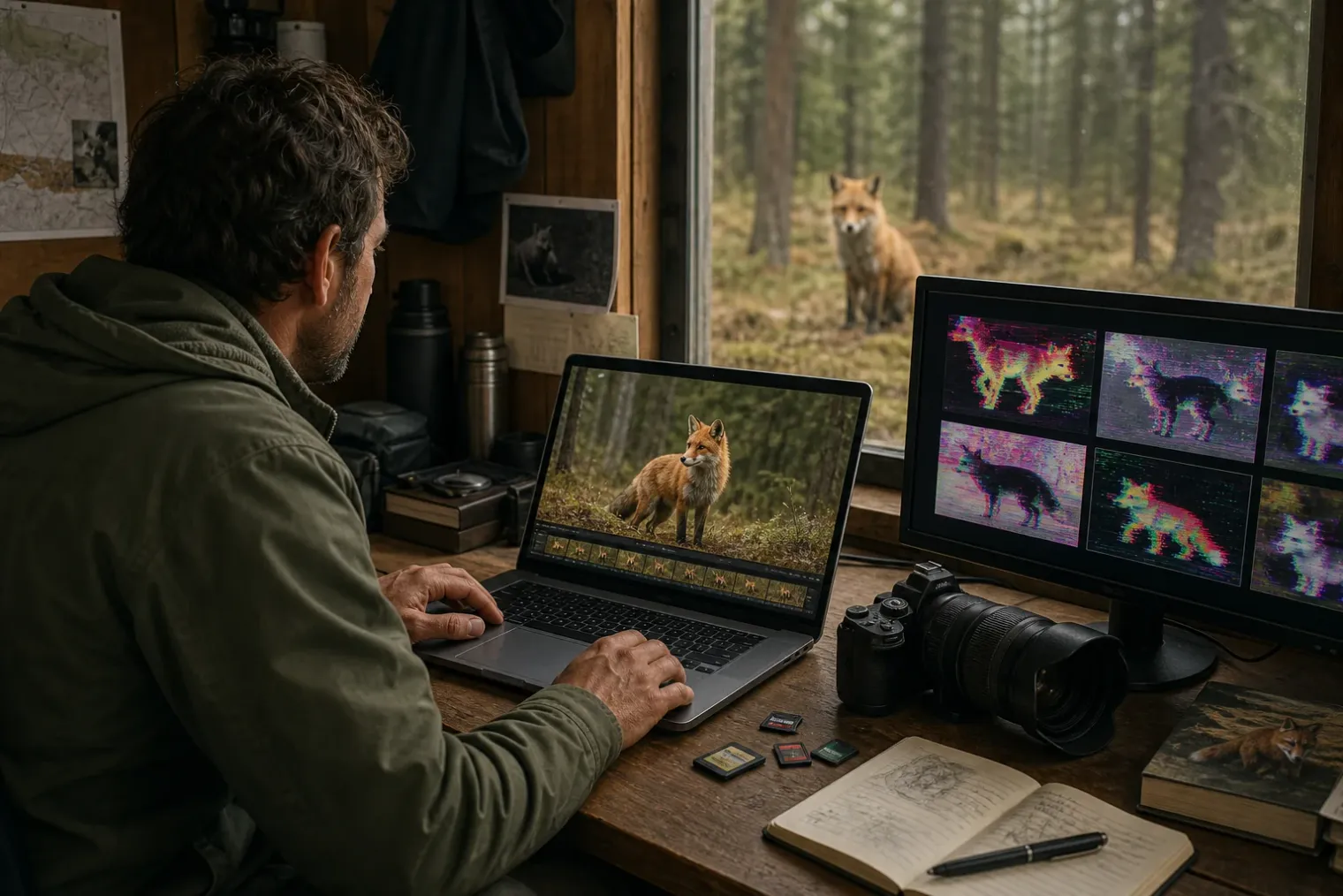 A wildlife photographer reviews authenticated camera footage of a fox on a laptop beside a camera in a forest field station.