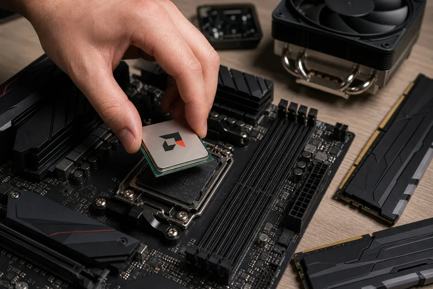 An AMD-branded desktop processor installed in an AM5 motherboard socket beside DDR5 memory modules.
