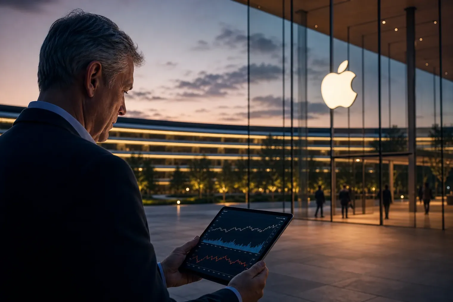 Apple Park at dusk with an Apple logo in the foreground and an investor reviewing financial charts on a tablet.