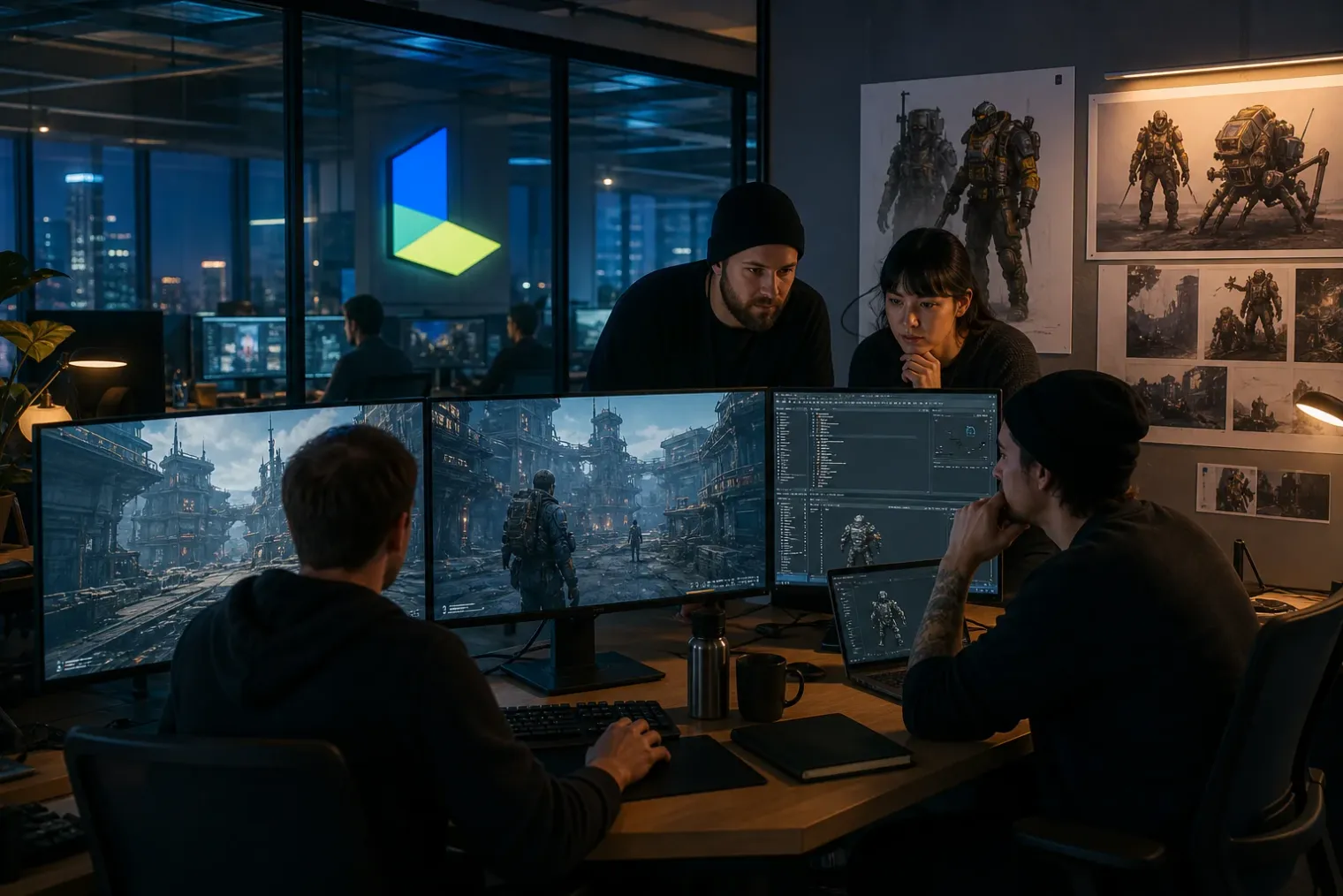 Editorial illustration of a futuristic game-development studio displaying a sci-fi extraction game on large screens, with the Nexon logo visible.
